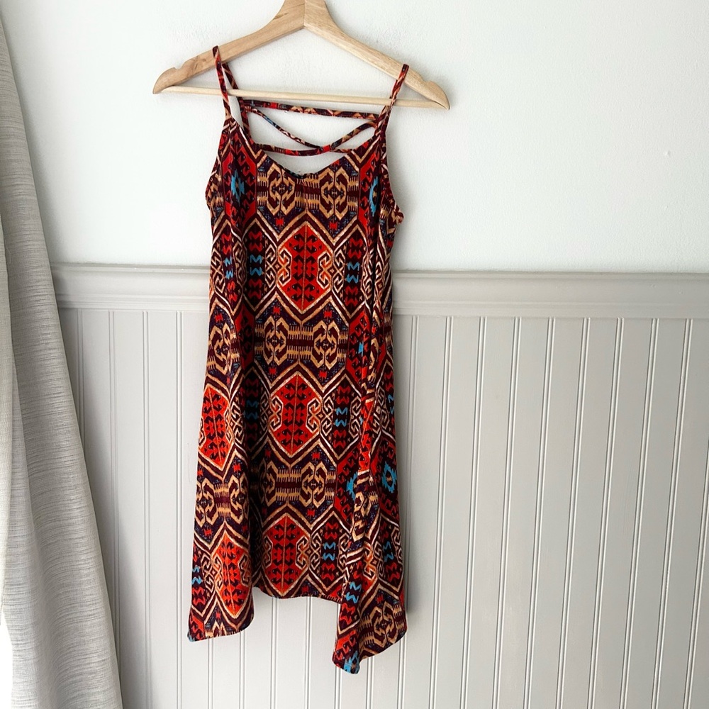 Y2K Xhilaration XS Boho Strap Back Dress Red and Blue Geometric Print